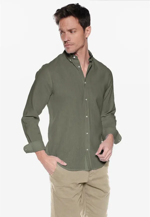 Steffen Klein Leinen-Hemd Slim Fit in khaki