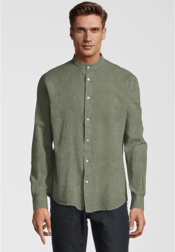 Steffen Klein Hemd Stehbund Leinen-Mix in khaki