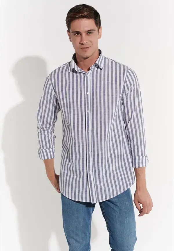 Steffen Klein Hemd in Leinen-Optik in Blue white Osterangebot
