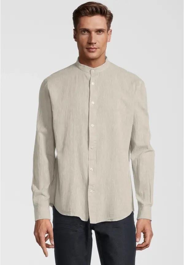 Steffen Klein Hemd Stehbund Leinen-Mix in beige
