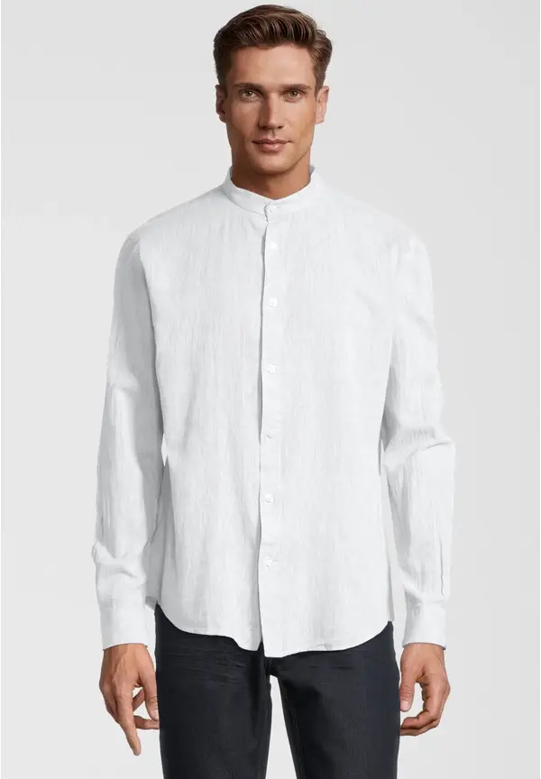 Steffen Klein Hemd Stehbund Leinen-Mix in weiß Top Angebot