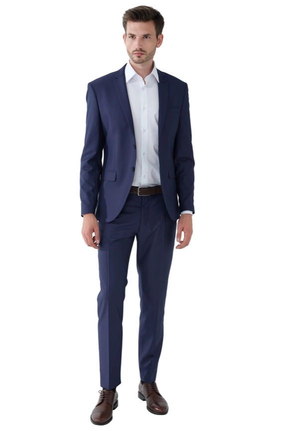 Steffen Klein 2-Teiliger Slim Fit Business Anzug Smoking 2-Knopf Sakko in marine strukturiert