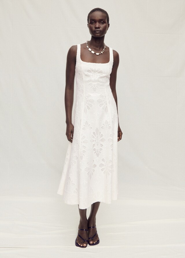 Mango Evasé-Kleid aus Leinen mit floraler Stickerei Saisonale Angebote