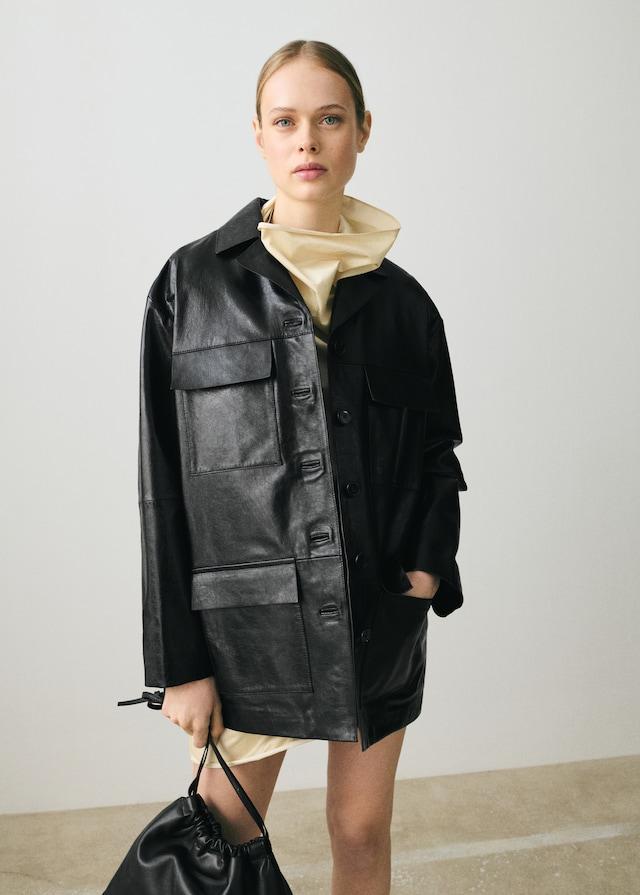 Mango Oversized-Lederjacke mit Taschen Online Outlet